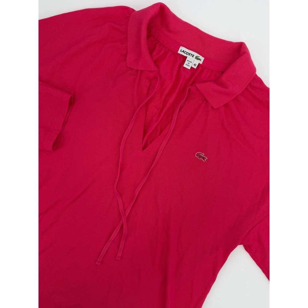 Lacoste Womens Magenta Pink 3/4 Sleeve V-Neck Tie Polo Shirt Size 40